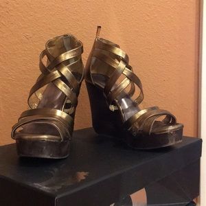 Metallic bronze strappy platform sandals